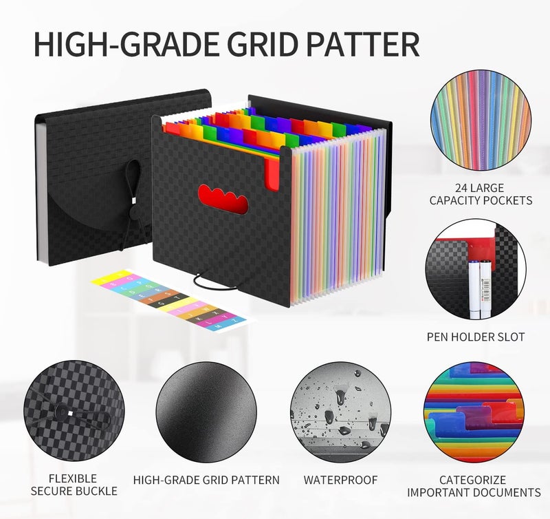 TCJ 24 Pockets Expanding File Folder,Accordion File Organizer,Document Organizer Letter Size,Expandable Filing Box,Special Designed for Portable Use,Accordian Folders Plastic (Grid Rainbow) - Image 3